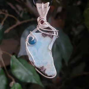 Handmade Larimar, Blue Apatite & Garnet Crystal Pendant